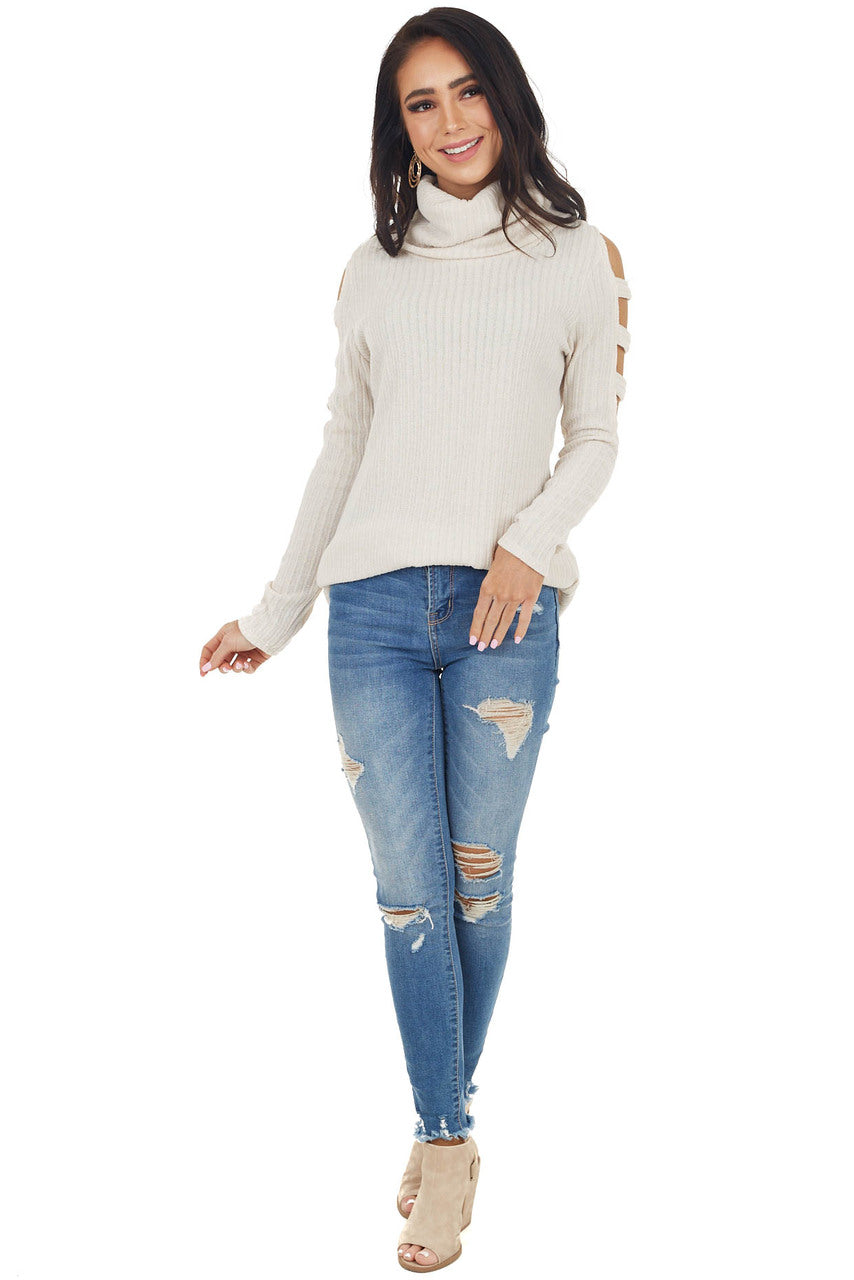 Oatmeal Ribbed Knit Long Ladder Sleeve Cowl Neck Top