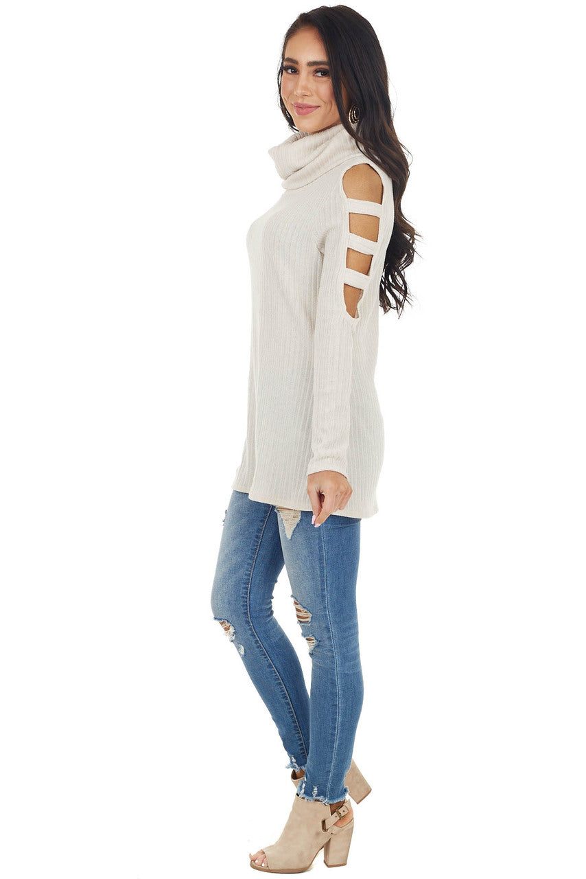 Oatmeal Ribbed Knit Long Ladder Sleeve Cowl Neck Top