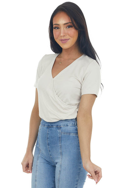 Oatmeal Surplice Short Sleeve Knit Bodysuit