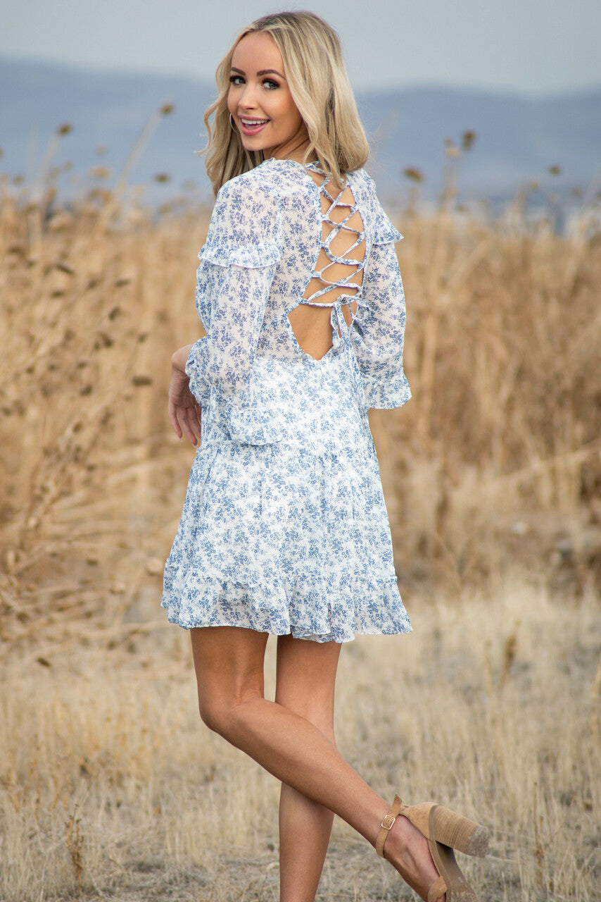 Ocean Ditsy Floral Tiered Short Dress with Open Back Detail 