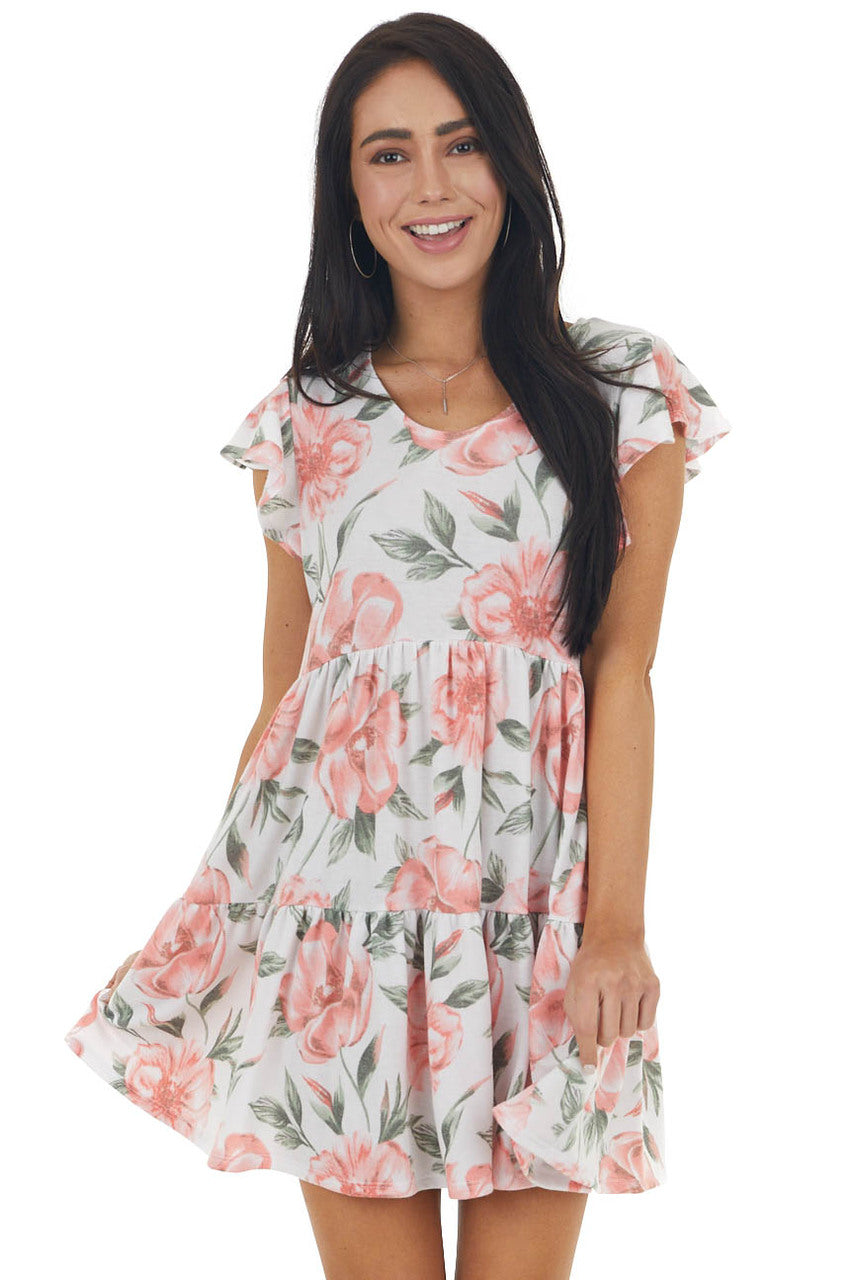 Off White and Punch Floral Print Tiered Ruffle Sleeve Dress