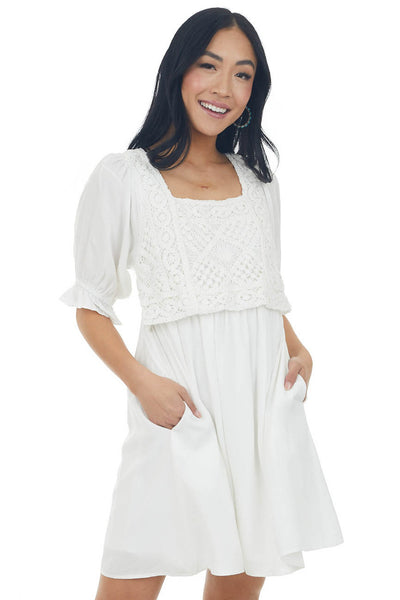 Off White Crochet Bodice Short Sleeve Dress