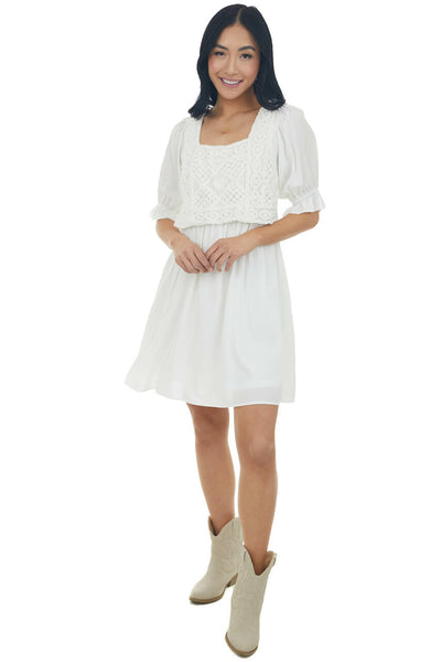 Off White Crochet Bodice Short Sleeve Dress