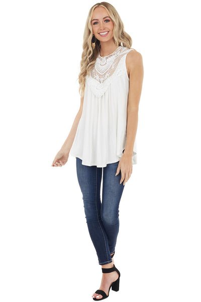 Off White Flowy Sleeveless Top with Sheer Crochet Detail
