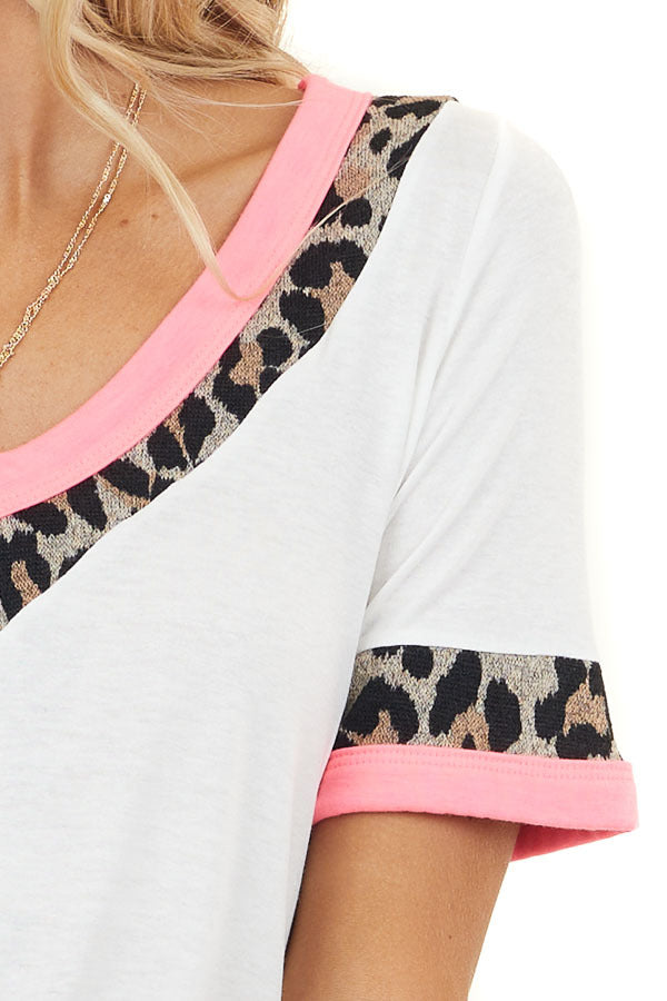 Off White and Leopard Print Short Sleeve V Neck Knit Top