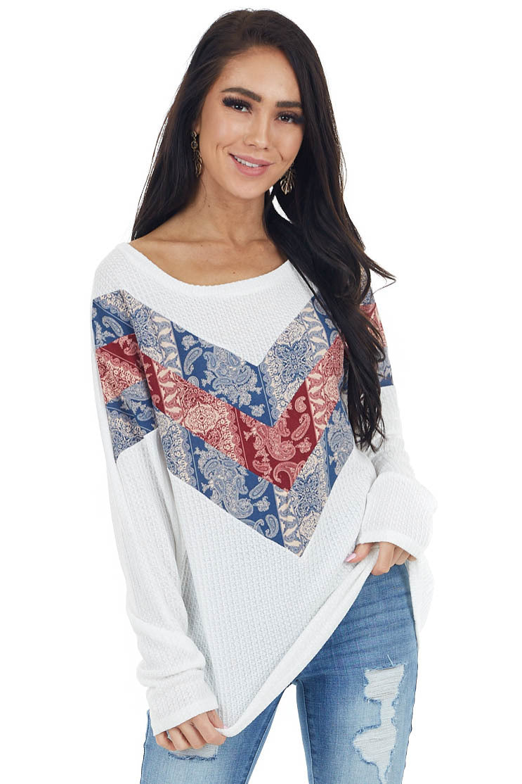 Off White Long Sleeve Top with Paisley Print Colorblock