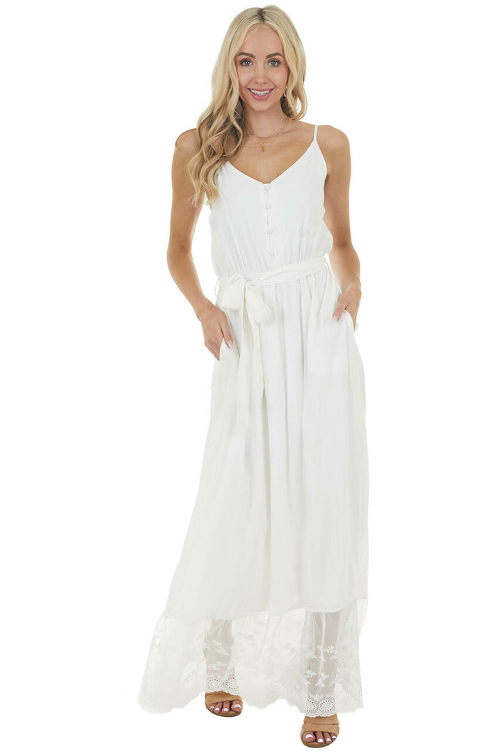 Off White Sleeveless Maxi Dress with Contrast Lace Hem