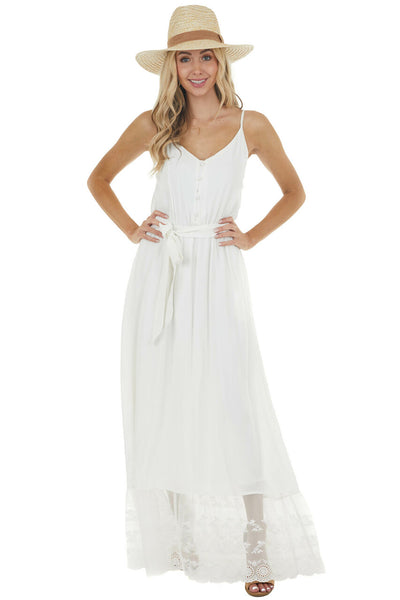 Off White Sleeveless Maxi Dress with Contrast Lace Hem