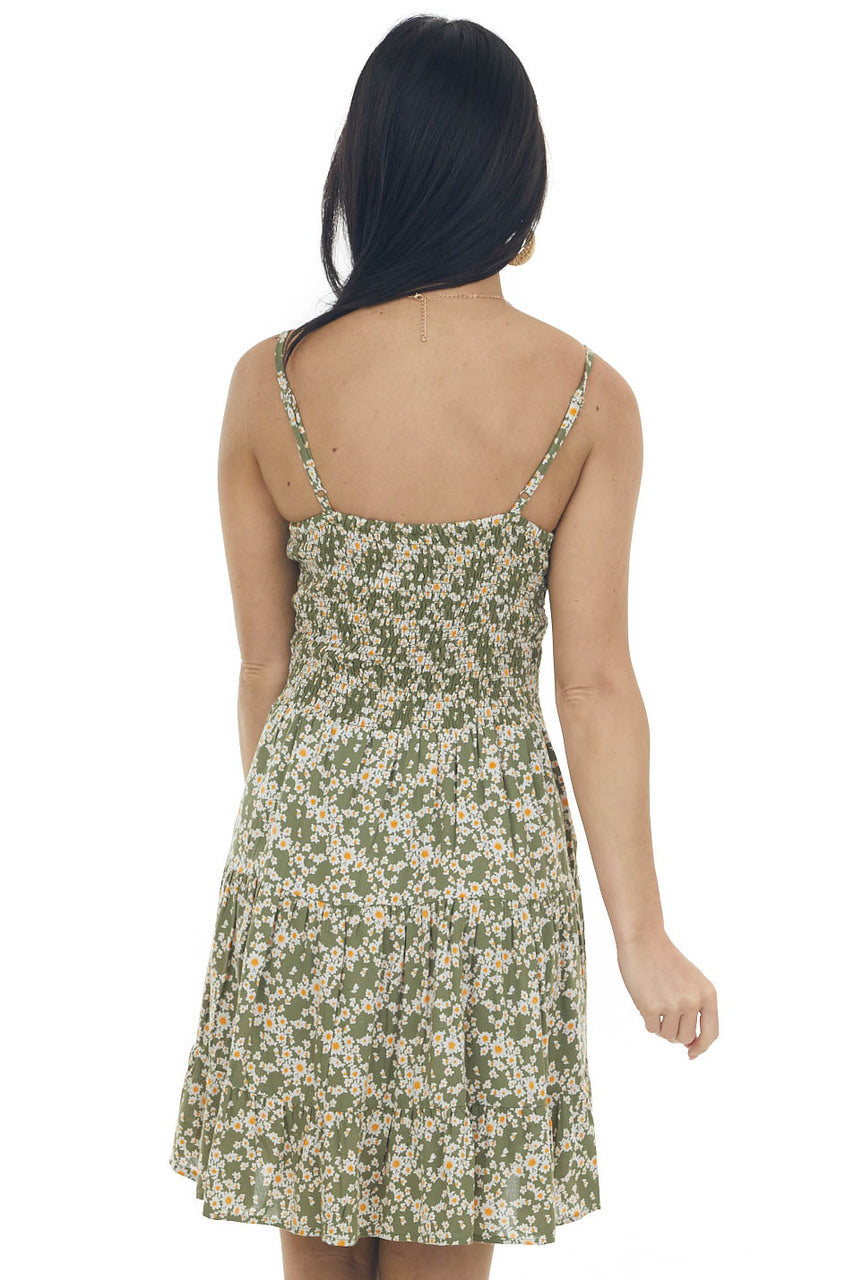 Olive Floral Front Knot Sleeveless Mini Dress