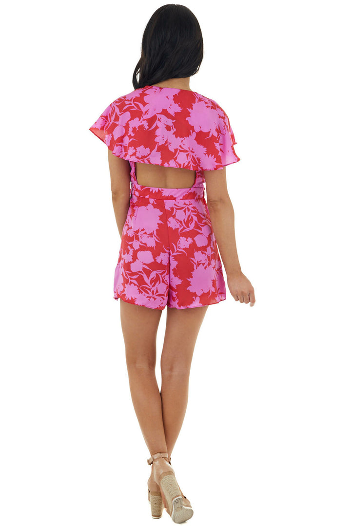 Orchid and Ruby Large Floral Print Ruffled Open Back Romper 