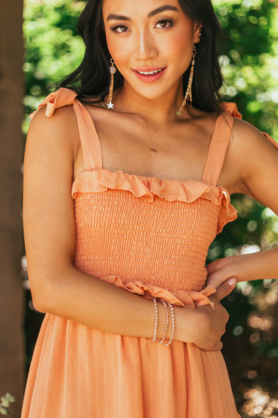 Papaya Smocked Shoulder Tie Tiered Midi Dress