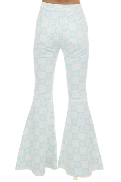 Pastel Blue Checkered Flower Print Flare Jeans 