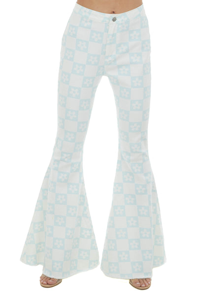 Pastel Blue Checkered Flower Print Flare Jeans 