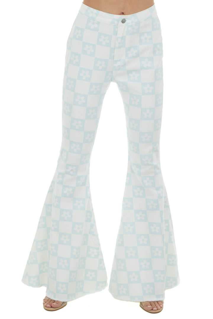 Pastel Blue Checkered Flower Print Flare Jeans 