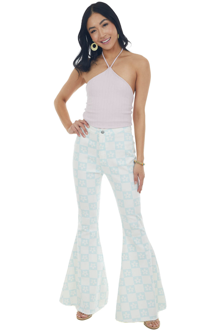 Pastel Blue Checkered Flower Print Flare Jeans 