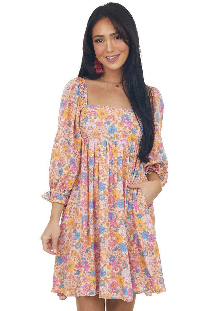 Peach Floral Babydoll 3/4 Sleeve Short Dress