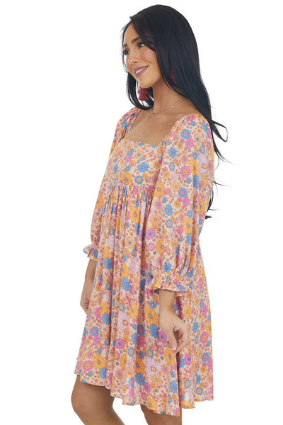 Peach Floral Babydoll 3/4 Sleeve Short Dress