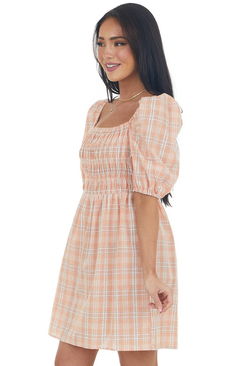 Peach Plaid Smocked 3-4 Puff Sleeve Mini Dress