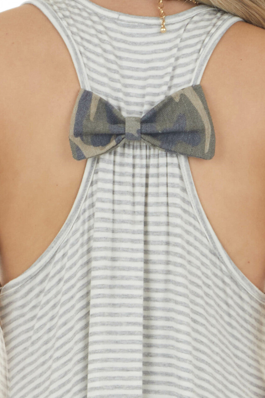 Pearl and Slate Striped Knit Tank Top with Bow Detail