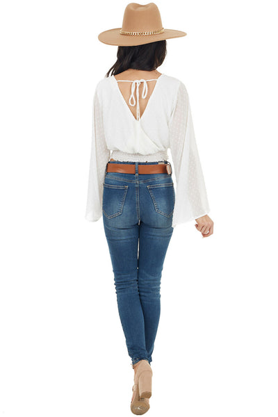 Pearl Swiss Dot Long Kimono Sleeve Crop Top with Tie Detail
