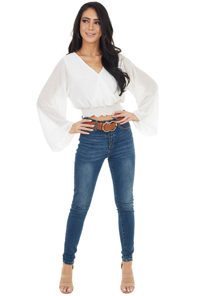 Pearl Swiss Dot Long Kimono Sleeve Crop Top with Tie Detail