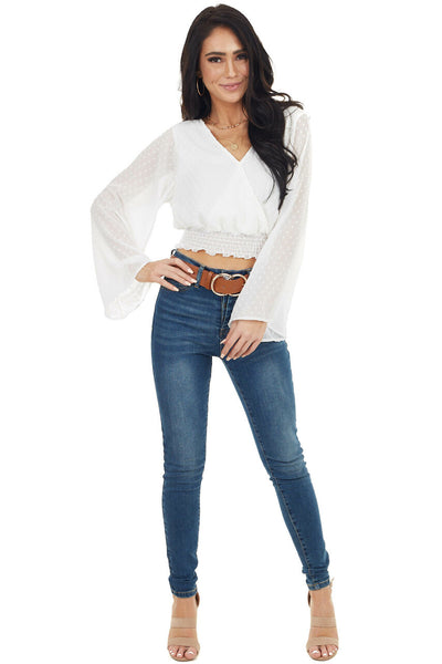 Pearl Swiss Dot Long Kimono Sleeve Crop Top with Tie Detail