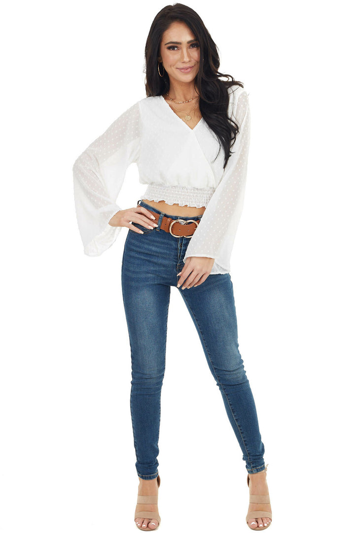 Pearl Swiss Dot Long Kimono Sleeve Crop Top with Tie Detail