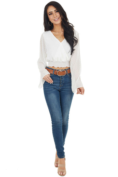 Pearl Swiss Dot Long Kimono Sleeve Crop Top with Tie Detail