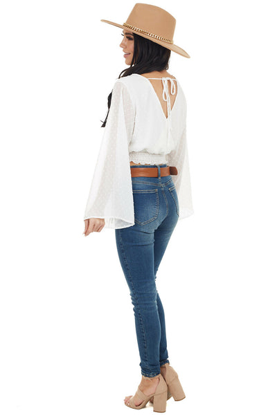 Pearl Swiss Dot Long Kimono Sleeve Crop Top with Tie Detail