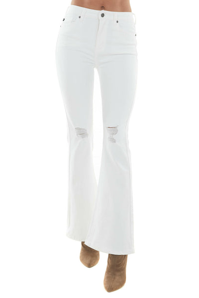 Pearl White High Rise Bootcut Distressed Jeans 