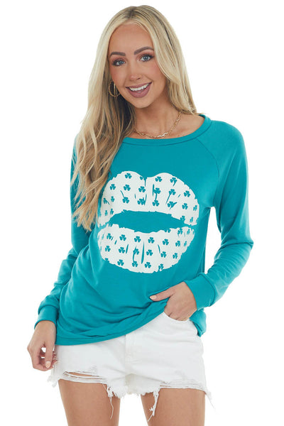 Pine Green Shamrock Lip Graphic Knit Top