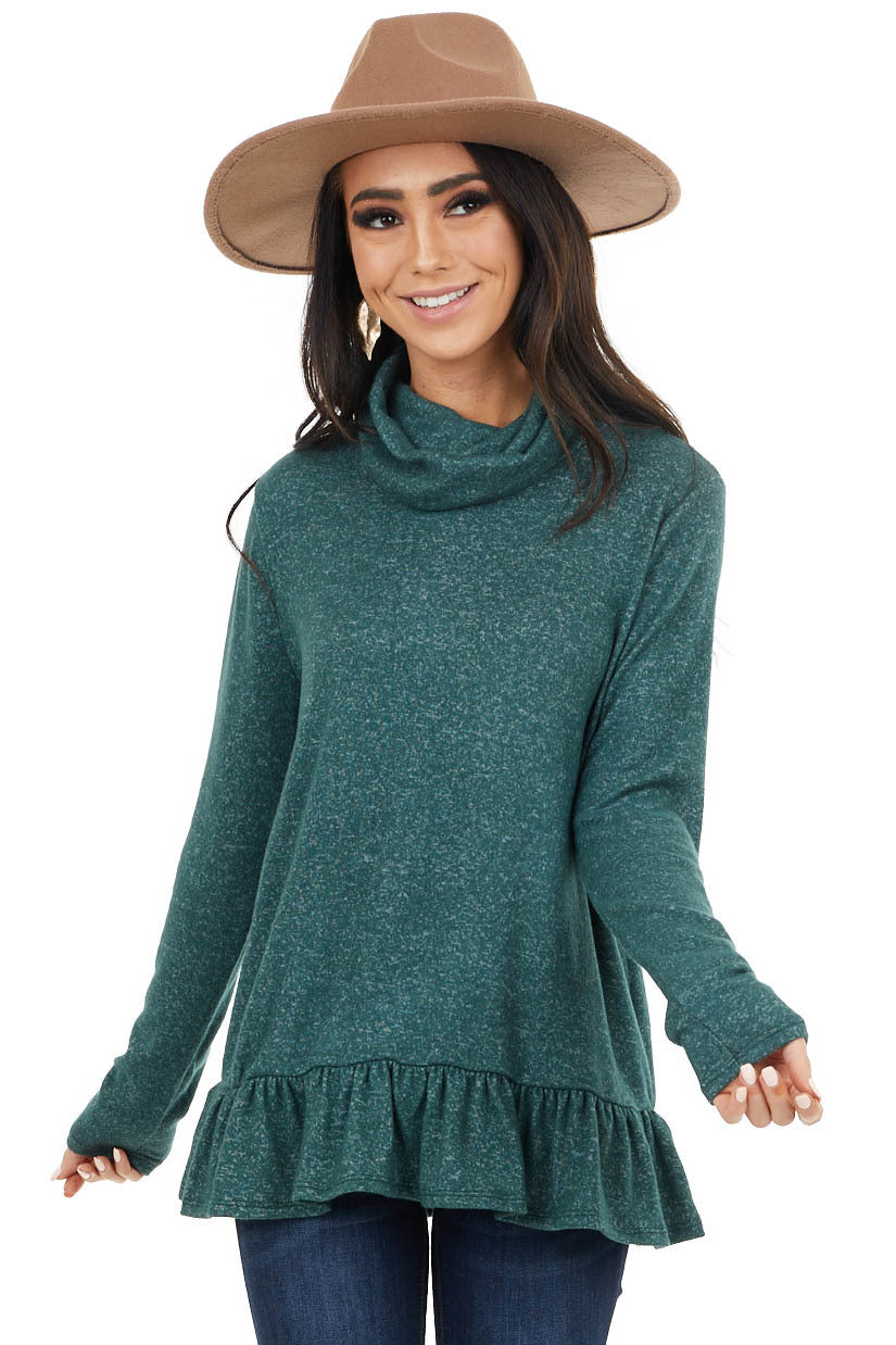 Pine Green Two Tone Cowl Neck Top with Ruffle Hem
