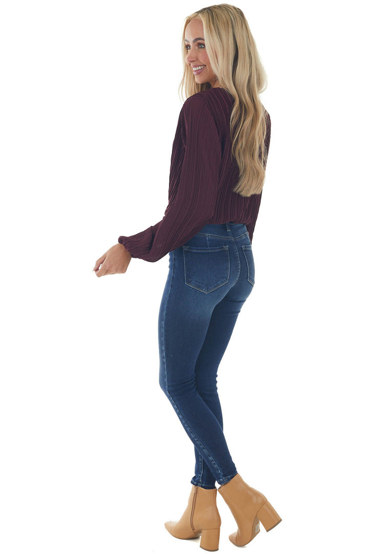 Plum Surplice Long Sleeve Pleated Blouse