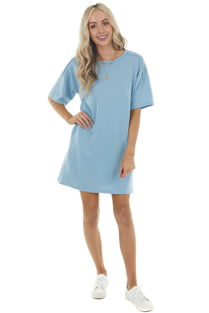 Powder Blue Dress with Side Pockets and Raw Seam Details 