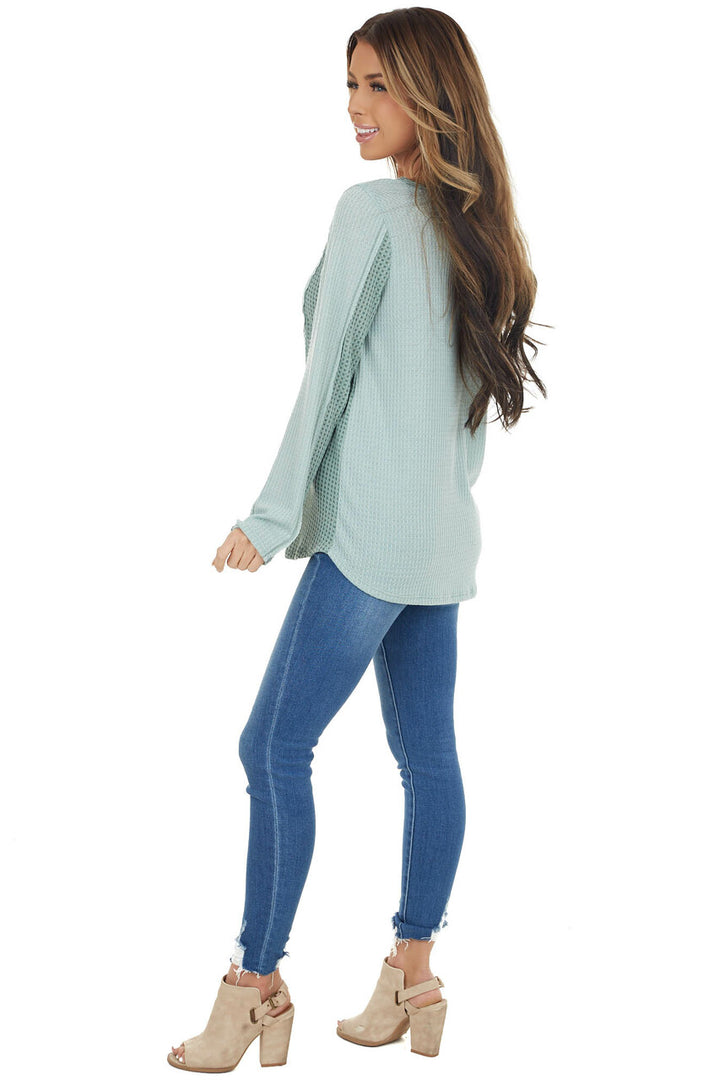 Sage Long Sleeve Waffle Knit Top with Contrast Detail