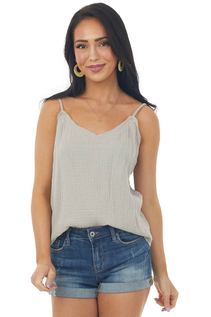 Rich Oatmeal Textured Sleeveless Top with Raw Edge Details