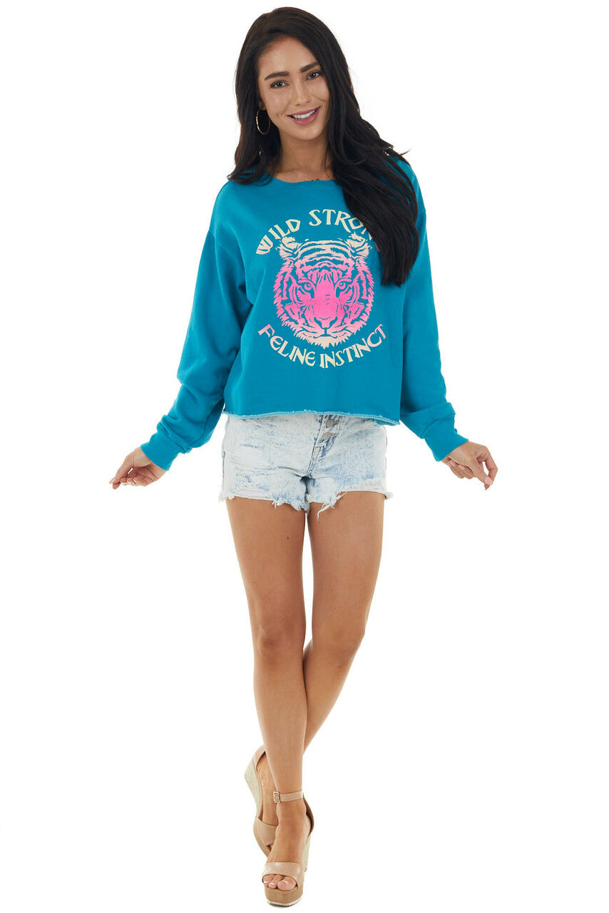 Rich Teal Long Sleeve Sweatshirt with Tiger Graphic 