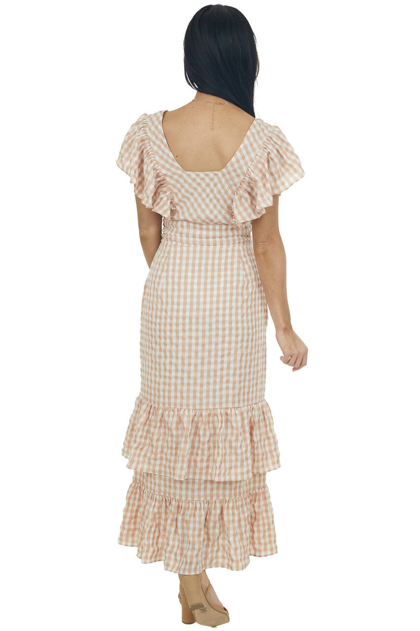 Rose Taupe Gingham Ruffle Tiered Maxi Dress