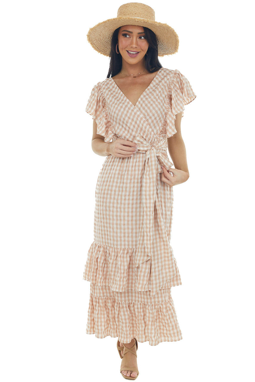 Rose Taupe Gingham Ruffle Tiered Maxi Dress