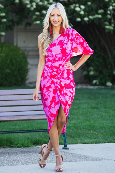 Ruby and Fuchsia Floral One Shoulder Short Woven Dress