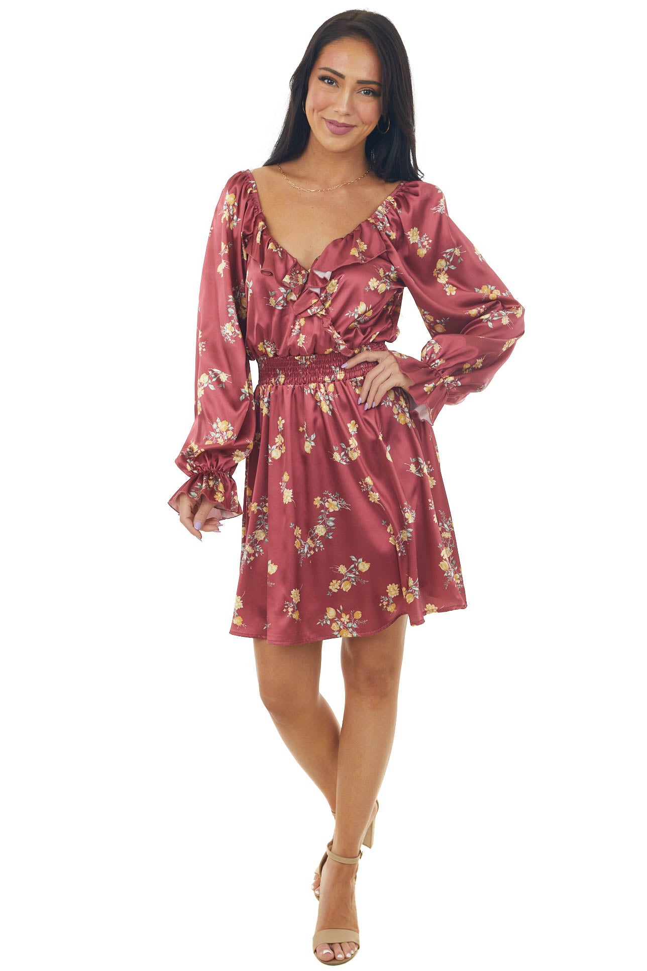 Ruby Floral Bubble Sleeve Satin Mini Dress