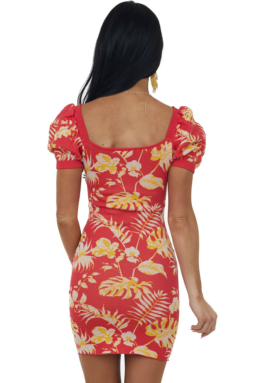 Ruby Tropical Print Puff Sleeve Knit Mini Dress
