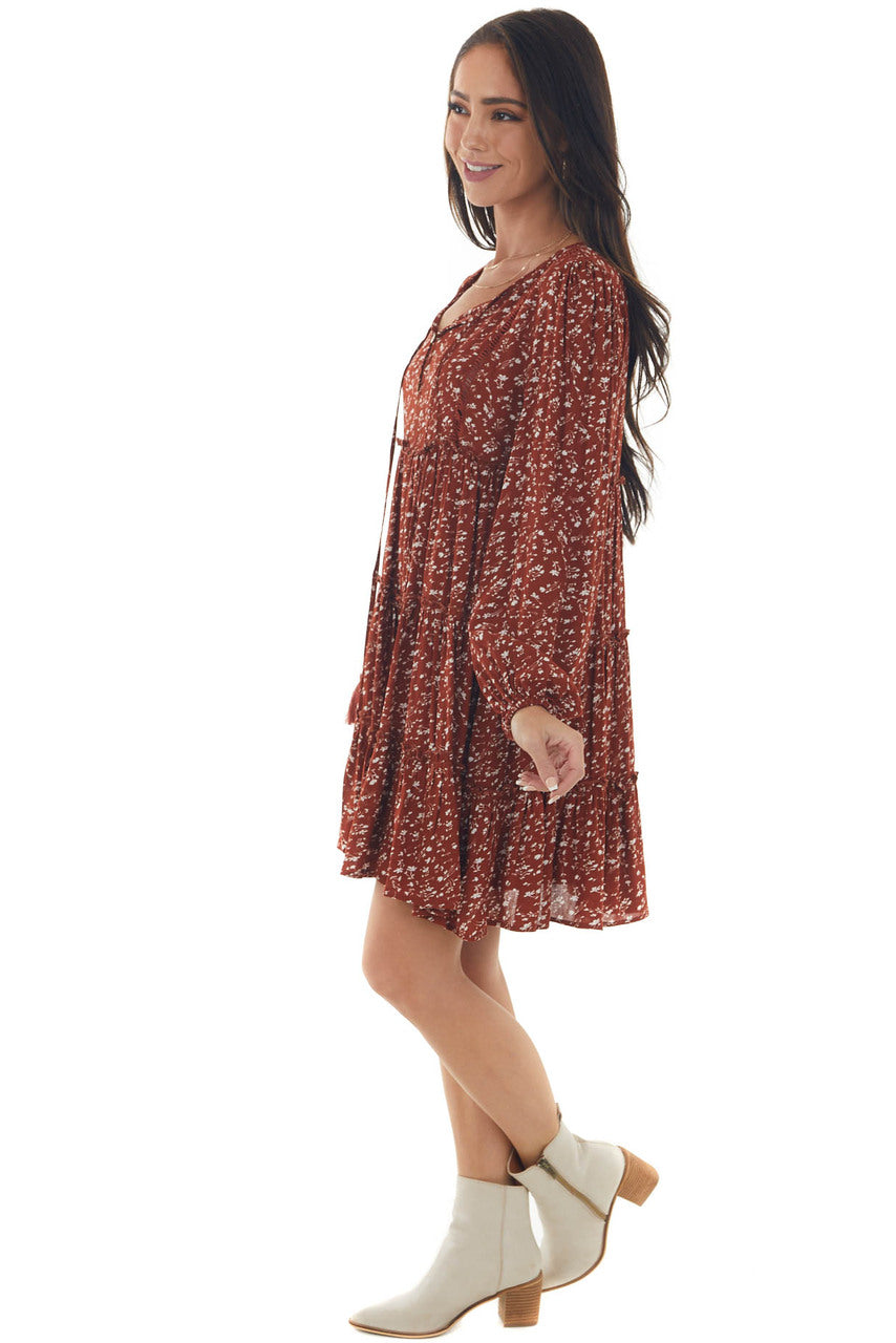 Rust Ditsy Floral Puff Sleeve Tiered Dress