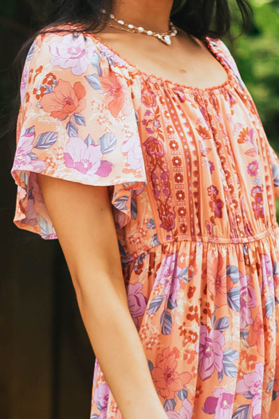 Salmon Floral Print Square Neck Woven Maxi Dress