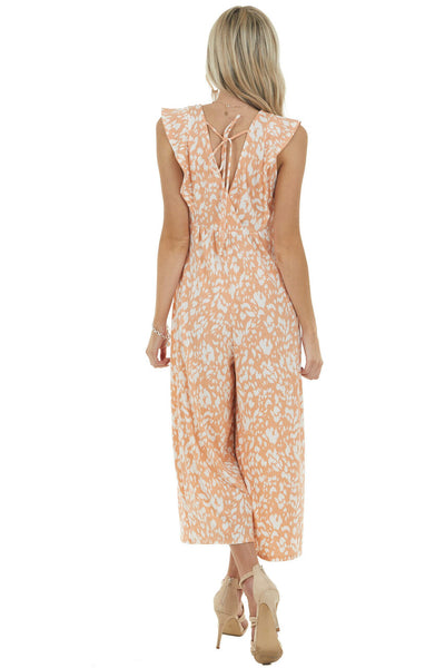 Salmon Printed Short Sleeve Jumpsuit with Front Ring Keyhole