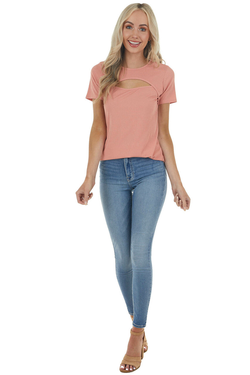 Salmon Ribbed Knit Short Sleeve Top with Chest Cutout