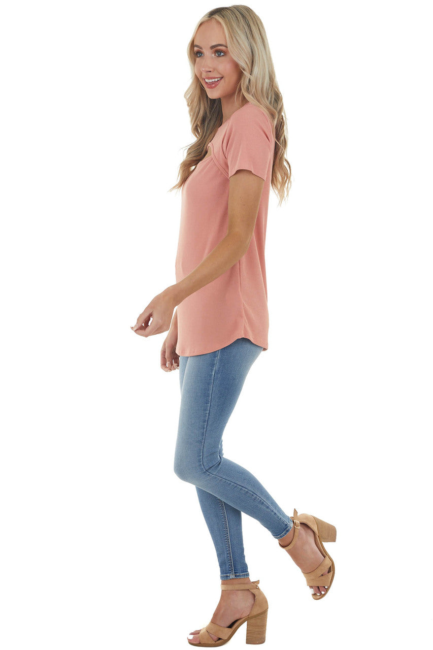 Salmon Ribbed Knit Short Sleeve Top with Chest Cutout