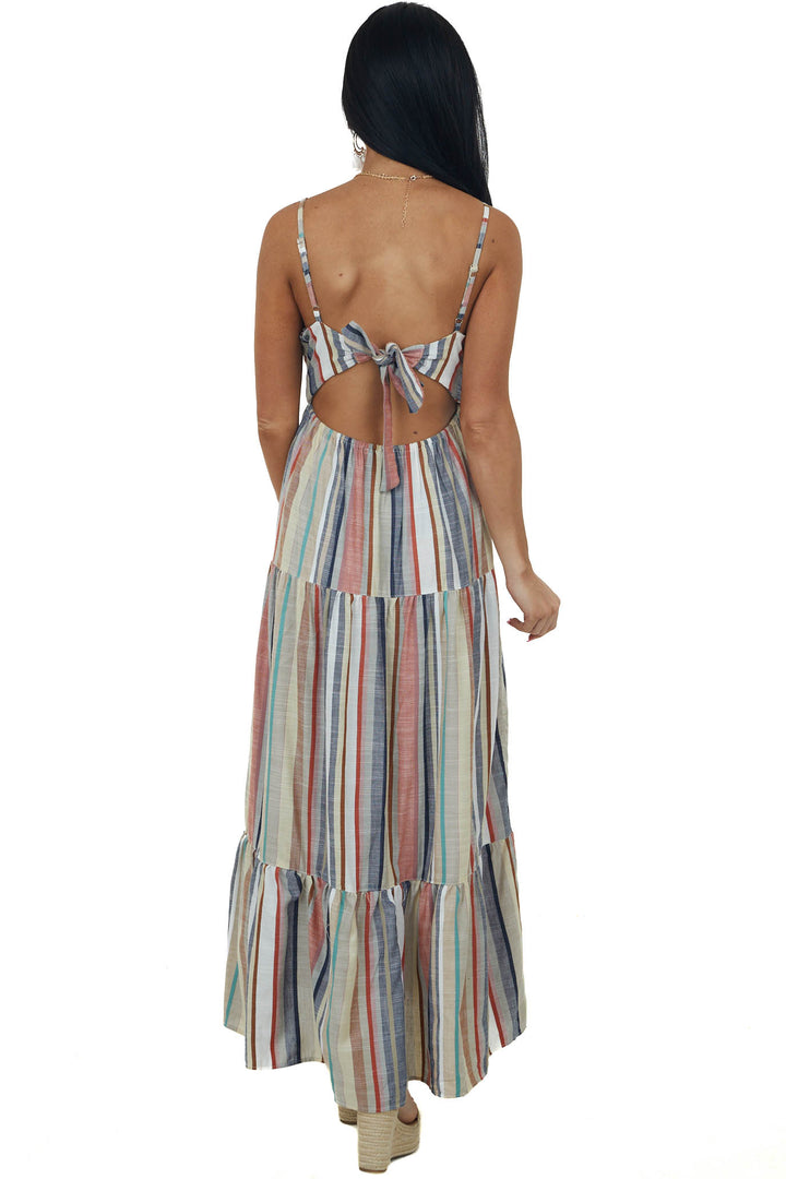 Sand Striped Sleeveless Tie Back Maxi Dress