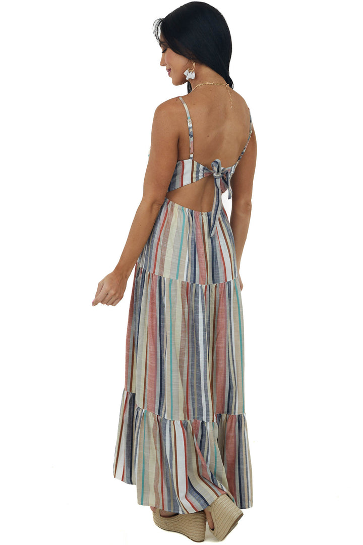 Sand Striped Sleeveless Tie Back Maxi Dress