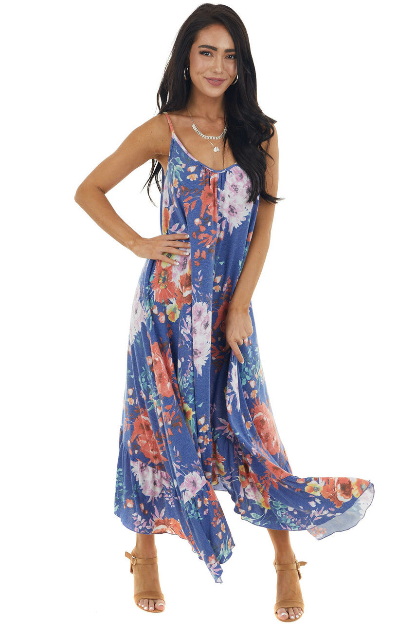 Sapphire Floral Sleeveless Maxi Dress with Rounded V Neck | Lime Lush